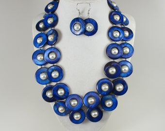 Collier bleu et blanc en nacre, coquillages bleus et blancs Collier collier bleu, bijoux coquillages bleus