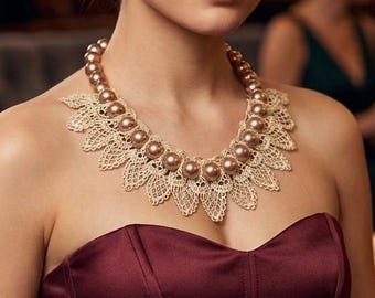 Statement Necklace in Toffee Tan and Beige Lace - Handcrafted Beaded Bib Jewelry - 18" with Extender