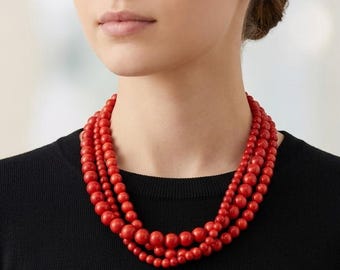 Chunky red turquoise necklace, multi strand statement necklace stone necklace big turquoise beads, Red Ruby turquoise statement jewelry