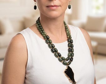 Gruby, długi naszyjnik z indyjskiego zielonego agatu, dwurzędowy, idealny na letnie przyjęcie w ogrodzie, strój ślubny, biżuteria od rzemieślników, prezent dla niej