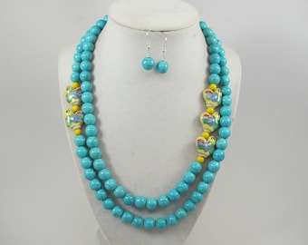 Boho turquoise ketting, dikke gele keramische kralen (19" met verlengstuk)