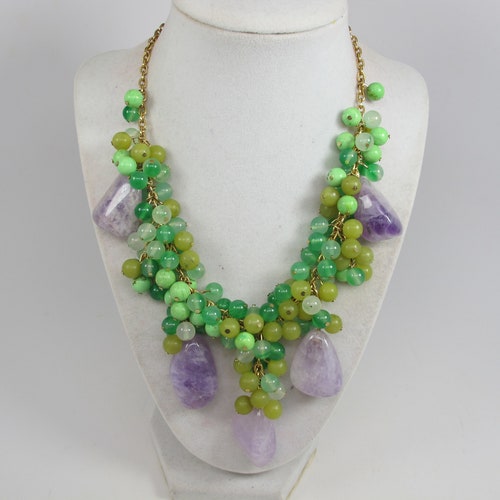 Chunky shops green and amethyst necklace, apple green necklace, natural stone, beaded necklace, big green beads, forest green statement