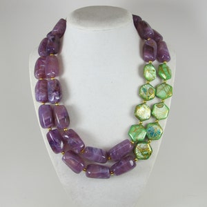 Chunky purple and apple green necklace, double strand statement green and purple necklace, amethyst necklace, amethyst and  green bead