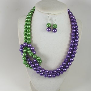 Chunky purple and apple green necklace, double strand statement green and purple necklace, beaded necklace, big purple green bead