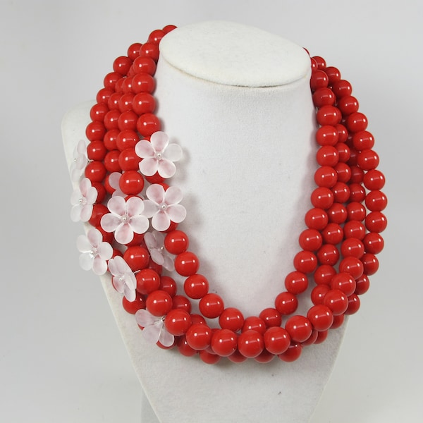 Chunky red with white flowers necklace, multi strand red ruby statement necklace, red and white statement jewelry, chunky red necklace