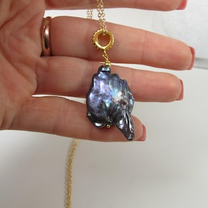 Genuine Large Black Baroque pearl chain Pendant Gray Baroque pearl necklace, huge peacock pearl pendant with clasp ,large black pearl gold