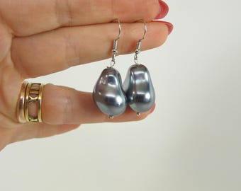 Large Gray Shell Pearl Baroque Earrings, Statement Jewelry