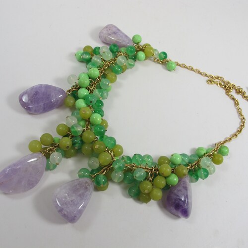Chunky shops green and amethyst necklace, apple green necklace, natural stone, beaded necklace, big green beads, forest green statement
