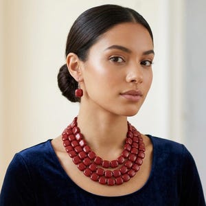 Ruby Red Statement Necklace: Chunky Beaded Bib (Adjustable Length)