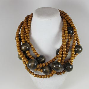 Chunky wood necklace, Brown wood beaded necklace, multi strand statement wood  brown necklace, statement jewelry  Angela Caputi style jewelr