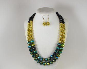 Blue Gold Beaded Statement Necklace, Double Strand