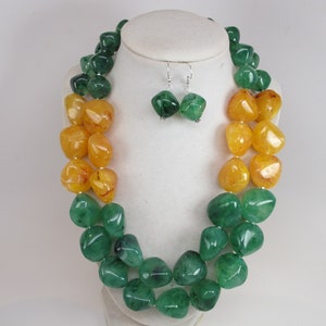 Chunky green and yellow necklace  yellow marigold  and forest green necklace, multi strand , beaded yellow necklace big gold  beads green