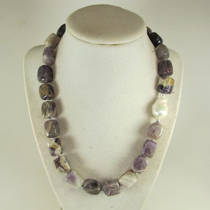 Purple amethyst and white pearl statement necklace, single strand statement purple  necklace, beaded necklace, , amethyst  statement jewelry