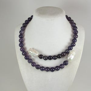 Purple amethyst and white pearl statement necklace, single strand statement purple  necklace, beaded necklace, , amethyst  statement jewelry