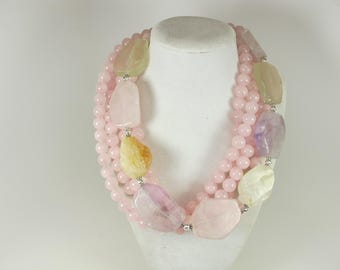 Chunky Rose Quartz Statement Necklace - 5 Strand Pink Gemstone Beads - Bold Romantic Jewelry for Women - Gift for Her