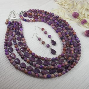 Chunky purple jasper statement necklace, multi strand statement purple necklace, statement purple gemstone necklace, chunky purple
