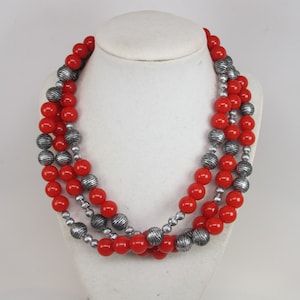 Colar de contas vermelhas com várias camadas, colar vermelho chamativo, joias vermelhas chamativas, brincos combinando disponíveis