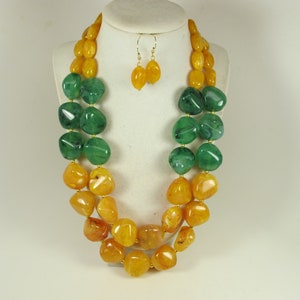 Chunky gold yellow marigold  and forest green necklace, multi strand statement yellow necklac, beaded yellow necklace big gold  beads green