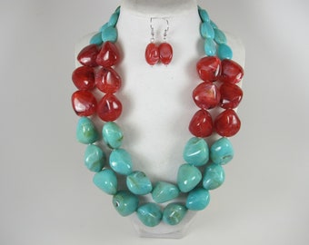 Gros collier turquoise et rubis rouge, collier de perles acrylique turquoise et rouge, bijoux turquoise