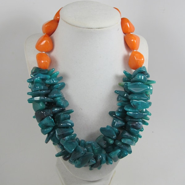 Chunky emerald green and orange necklace ,statement green orange necklace beaded necklace big emerald green beads, orange statement jewelry,