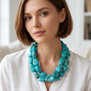 Chunky statement turquoise boho necklace, turquoise gemstone necklace, big turquoise stone beads, turquoise statement jewelry