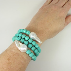 Genuine turquoise and white baroque pearl bracelet, blue and white bracelet, gemstone jewelry, baroque pearl earrings, turquoise bracelet