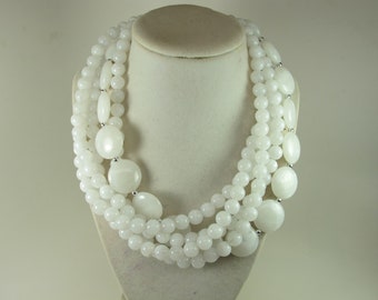 Chunky white statement necklace,multi strand white statement necklace, snow white beaded necklace, big white beads, white statement jewelry