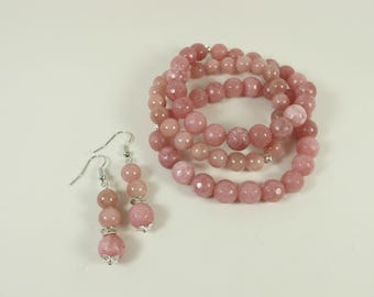 Chunky Pale Pink Jade Edelstein Statement Stretch Armband und Ohrringe Set