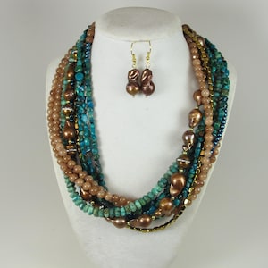 Chunky turquoise and brown pearl necklace, statement turquoise necklace, stone necklace, big turquoise beads, brown statement jewelry