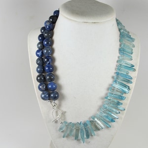 Chunky topaz blue necklace, double strand statement aquamarine necklace aqua blue quartz necklace navy blue statement jewelry clear and blue
