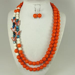 Chunky orange and blue turquoise necklace,multi strand orange statement necklace, orange , blue, white, orange beaded necklace, multi strand