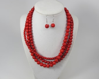 Chunky red turquoise necklace, multi strand statement necklace stone necklace big turquoise beads, Red Ruby turquoise statement jewelry