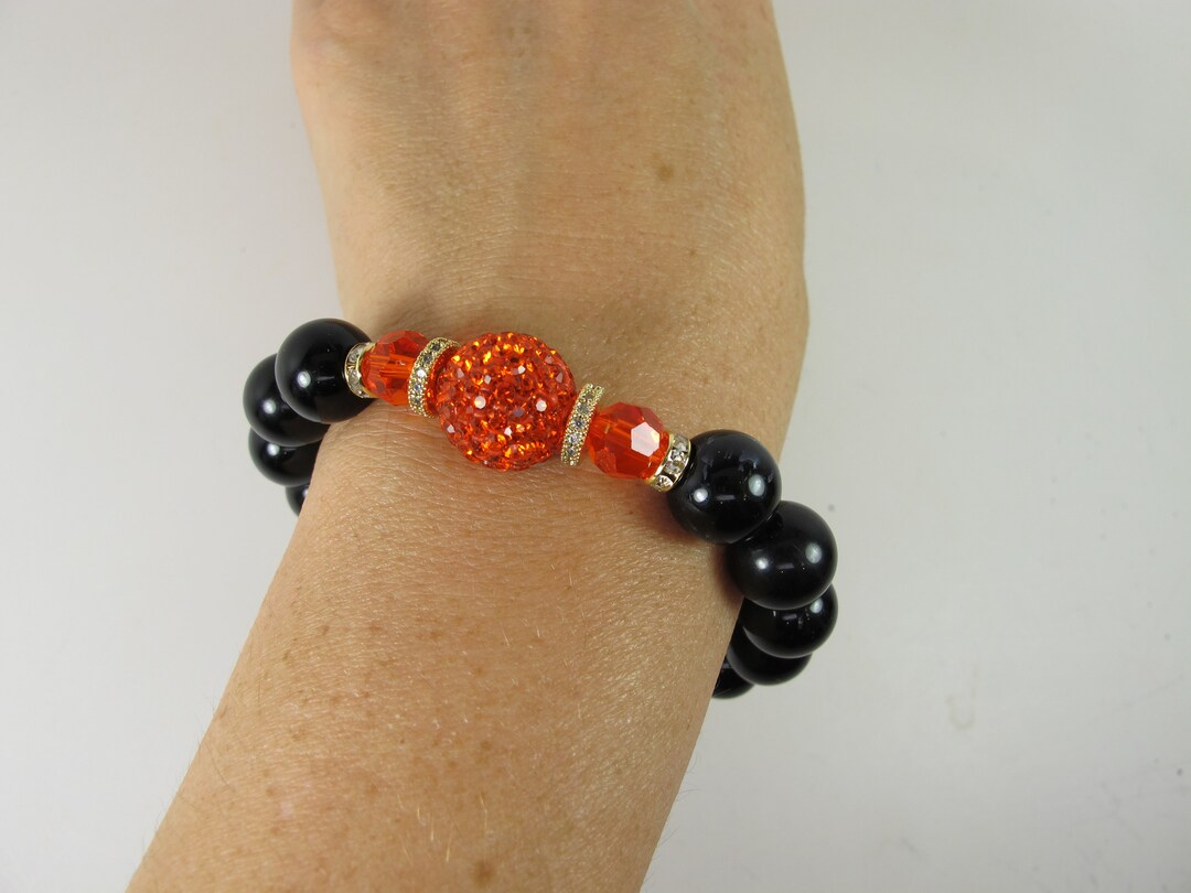 Stretch Orange and Black Bead Bracelet, Halloween Orange Bracelet