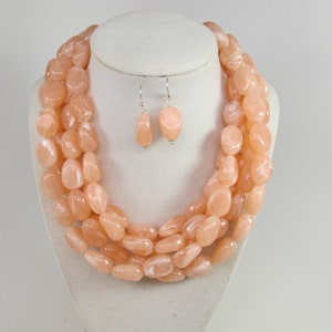Chunky pink necklace, multi strand statement peach necklace pink beaded statement jewelry, best seller, pink salmon stone necklace