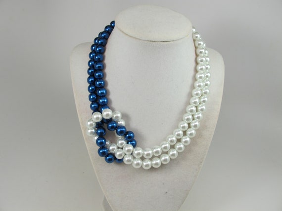 Statement Blue and White Necklace Knotted Blue and White Pearl