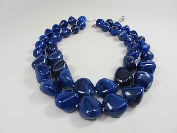 ★LECYTO★ Heartline Stone Beads NecklaceNavy Chunky Navy Blue Statement Necklace,multi Strand Blue