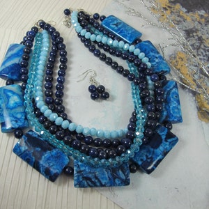 Chunky navy blue statement necklace, blue lapis lazuli and baroque pearl necklace, royal blue statement jewelry  blue and white pearl