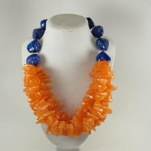 Chunky orange and blue statement necklace multi strand statement orange necklace, beaded orange blue necklace orange navy blue bold necklace