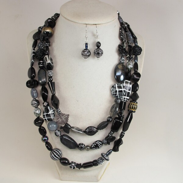 Black statement Bead Necklace - Chunky Beaded black Statement Necklace MultiStrand in black, black and silver