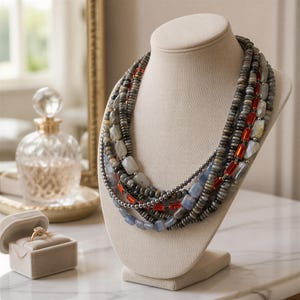Red Crystal Necklace, Chunky Gemstone Statement, Boho Chic | Labradorite Jasper Hematite | 18 Inch, 4" Extender