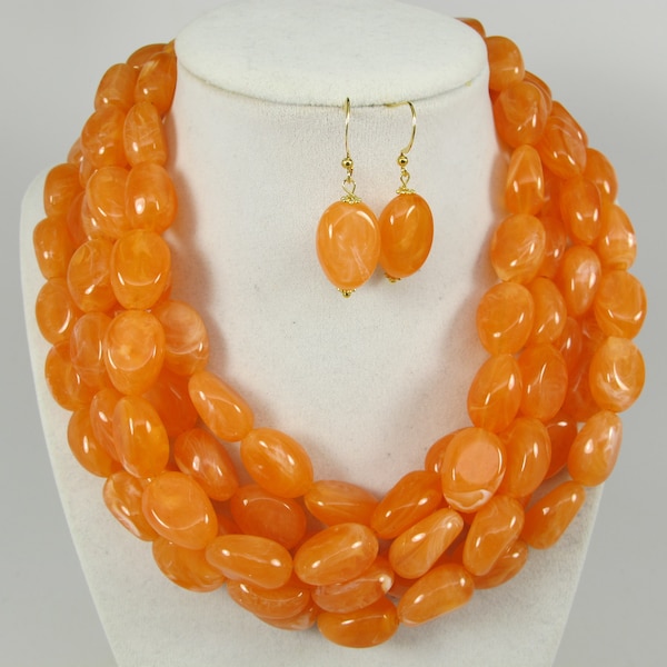 Chunky orange coral necklace, multi strand statement necklace, handmade beaded coral orange statement jewelry, best seller