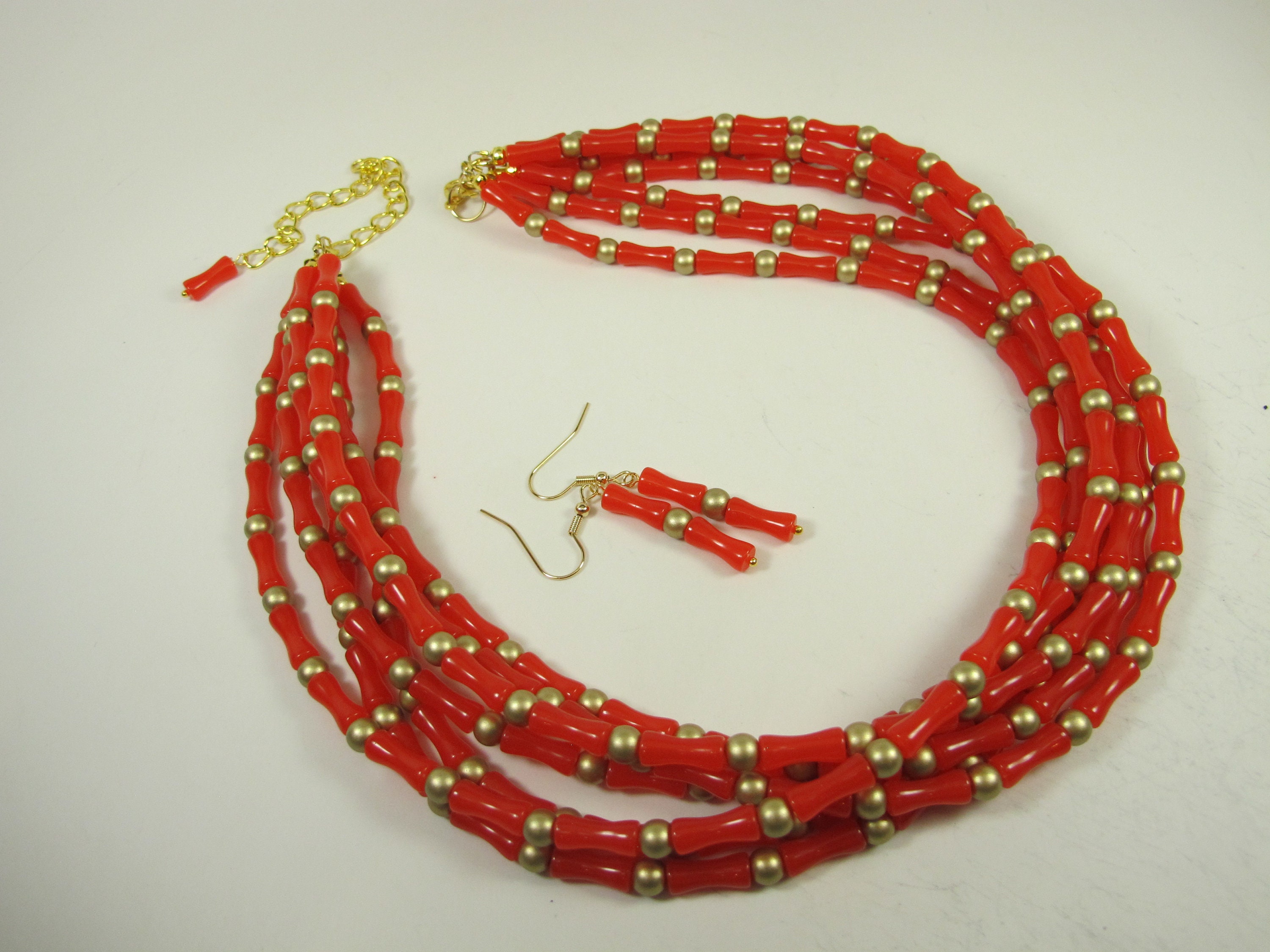 Red Round Wood Bead 3 Strand Necklace- Order Wholesale