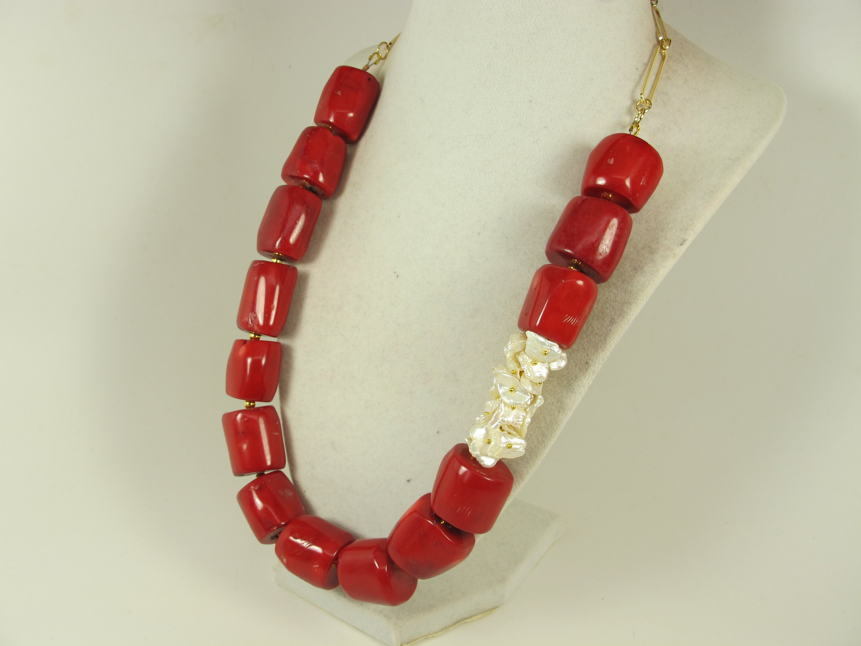 Chunky Red Coral Necklace, Coral and Baroque Pearl Necklace