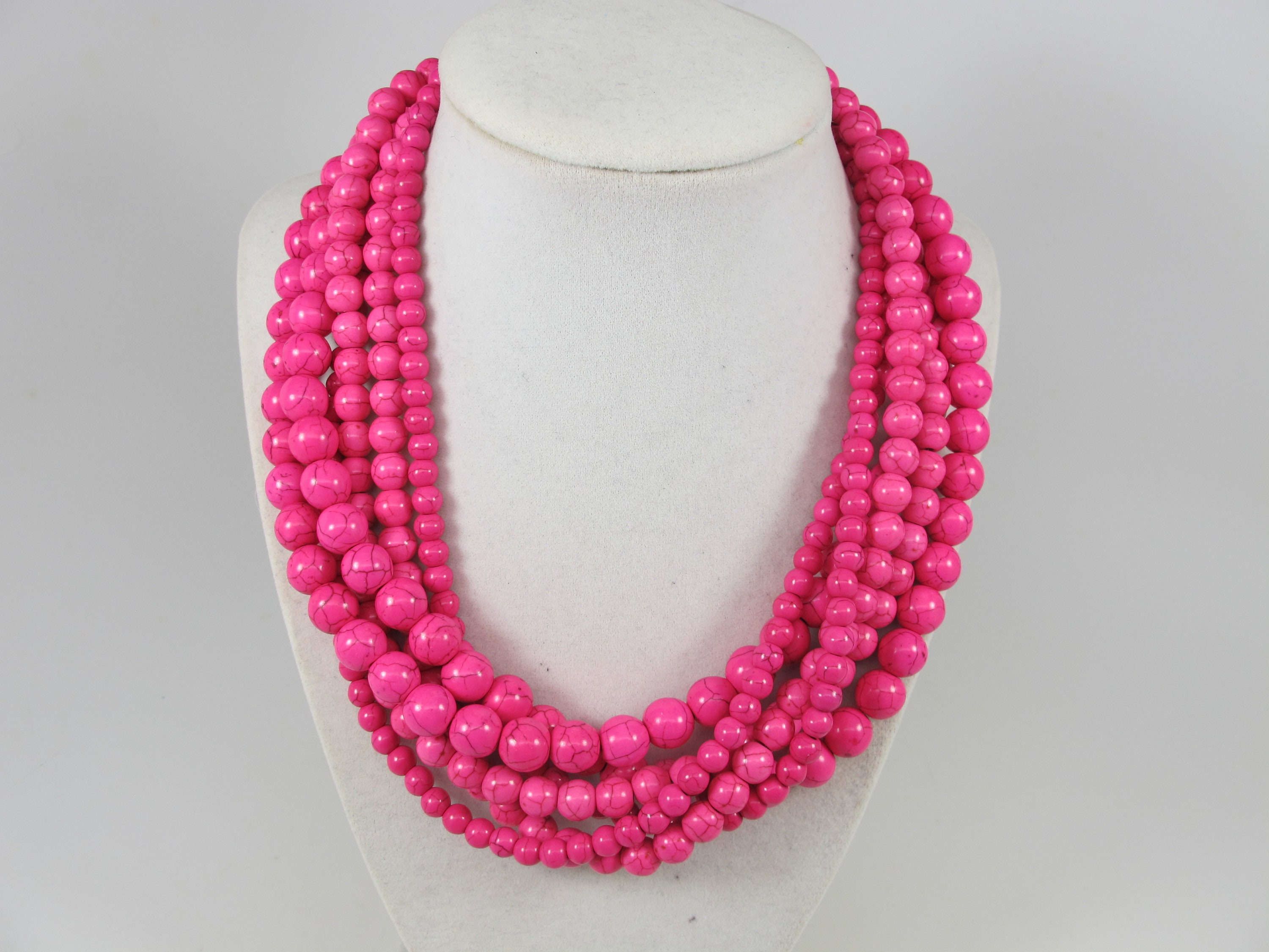 ★LECYTO★ Heartline Stone Beads NecklacePink Chunky Pink Necklace, Multi Strand Statement Pink Gemstone