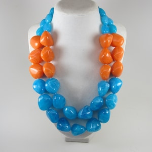 Chunky sky blue and orange necklace, big  blue and orange beaded necklace, blue and orange  statement jewelry, Best seller, fashion