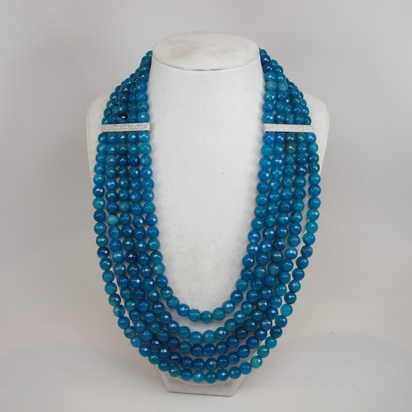 Multi-Strand Blue Agate Statement Necklace - Chunky Royal Blue Beaded Jewelry - Bold Layered Gemstone Necklace - Luxury Gift for Her