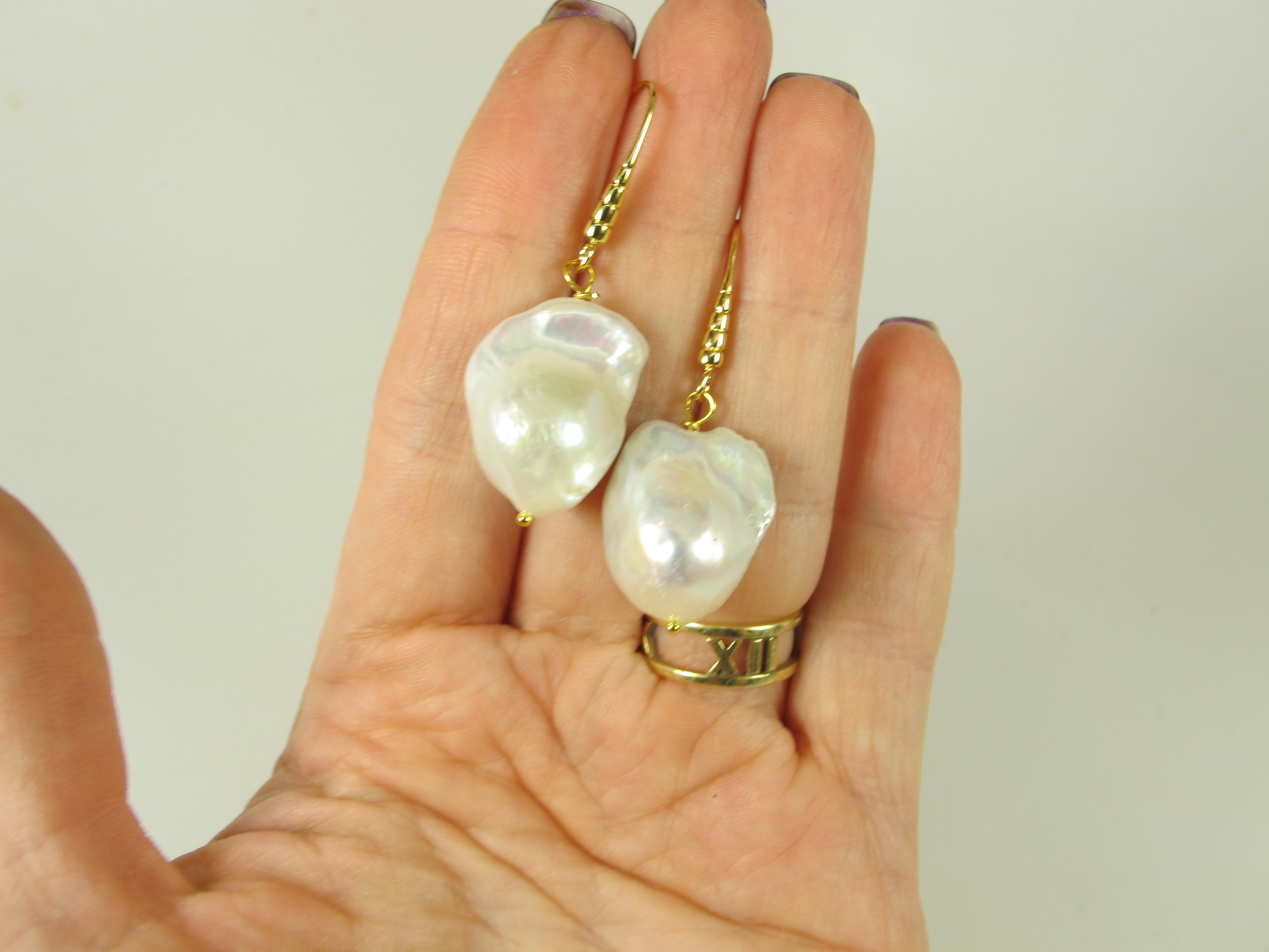 Boucles D'oreilles Anciennes En Perles Baroques Et Saphir - Plaqué Or - Occasion