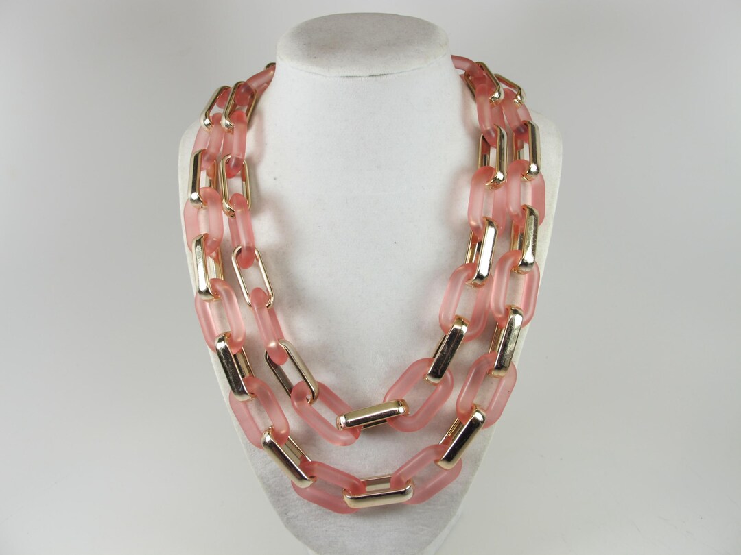 Chunky Pink Acrylic Chain Necklace, Pink and Gold Chain Double Strand ...