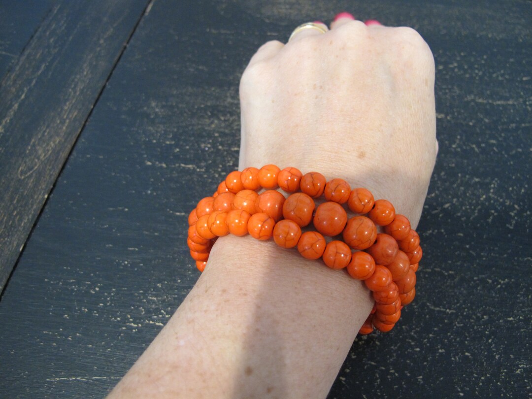 Stretch Orange Turquoise Bead Bracelet, Minimalist Orange Bracelet