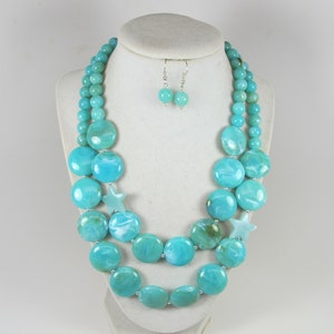 Chunky turquoise necklace, multi strand statement necklace, big turquoise double strand turquoise, beaded turquoise statement jewelry,